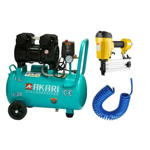 Akari 30L1.5H  Oil-Free Air Compressor Kit with Brad Nailer & PU Pipe