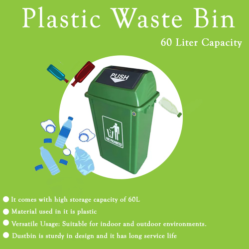 Heavy Duty Push Type Green Dustbin 60 Liter Capacity
