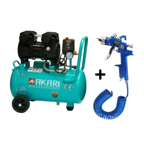 Akari 30L 1.5HP Oil-Free Air Compressor Kit with Spray Gun & PU Pipe